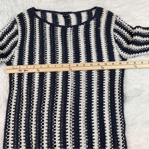 Theory long sleeve boat neck striped open knit sweater pullover white blue - Picture 3 of 6